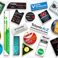 Collection of various stickers with different brands and text on a white background