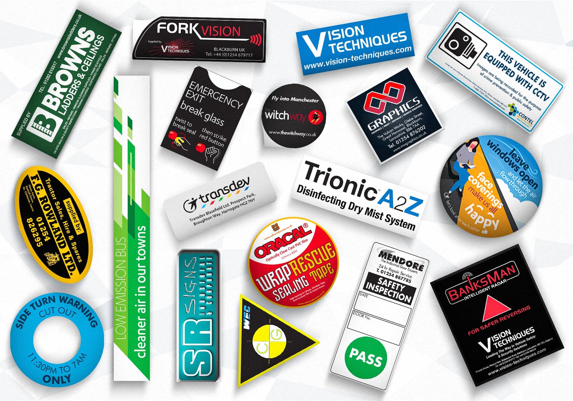 Collection of various stickers with different brands and text on a white background