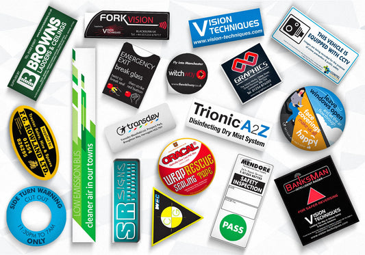 Collection of various stickers with different brands and text on a white background