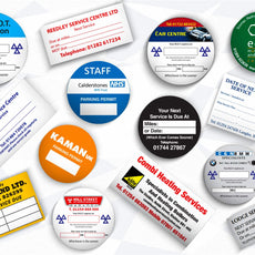 Collection of various business stickers with different logos and text on a white background