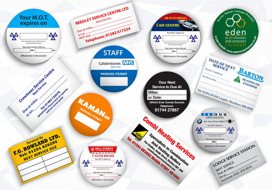 Collection of various business stickers with different logos and text on a white background